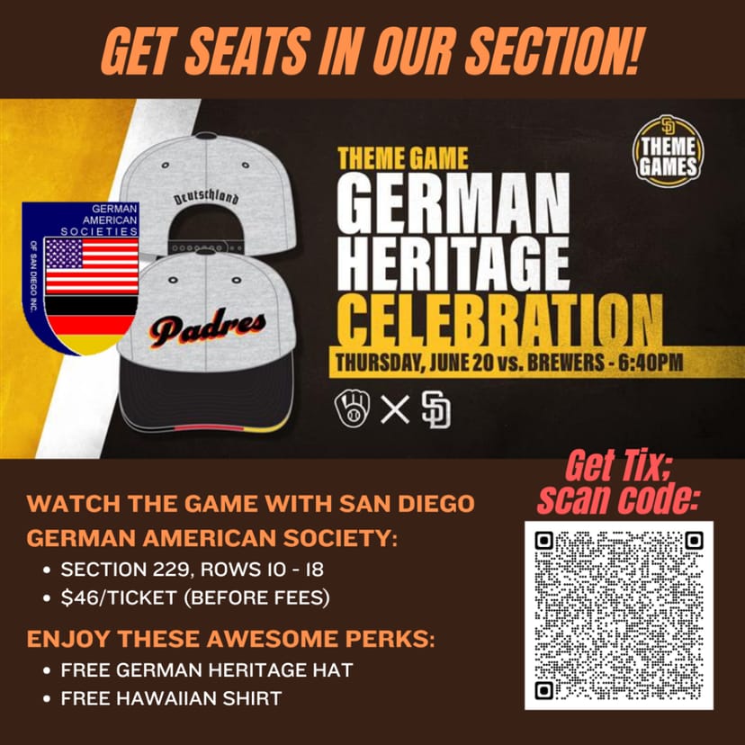 Promotional flyer for German Heritage Celebration at San Diego baseball game.