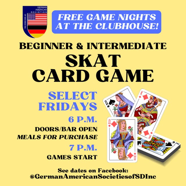 Promotional flyer for card game event at German American Societies, San Diego.