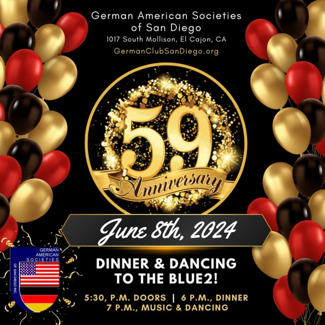 Clubhouse anniversary celebration graphic with gold balloons, dinner and dancing event.
