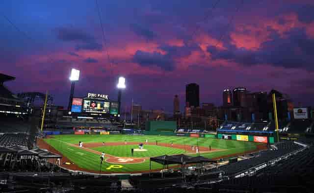 PHS Pirate Stadium at dusk, vibrant baseball venue for corporate events and gatherings.