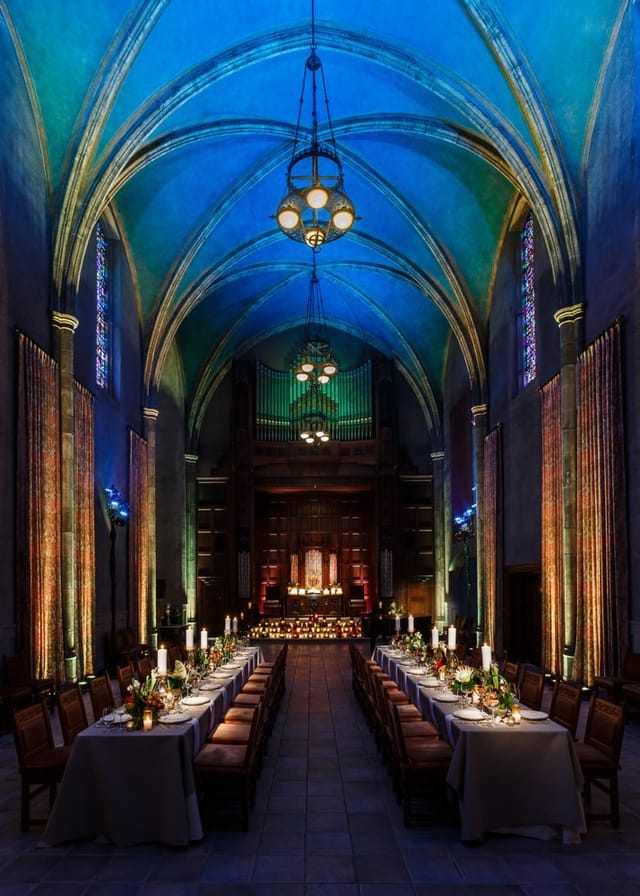 Shatto Chapel, elegant event space with stained glass, ideal for ceremonies and receptions.