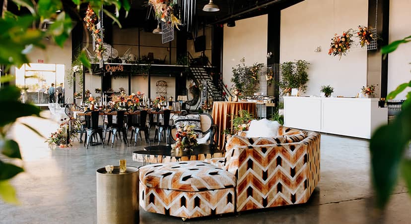 Stylish event space at Hangar 21 South with modern decor for corporate and social gatherings.
