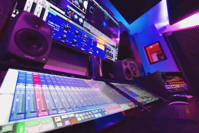 High-tech audio control room at Corchea Recording Studio for live sound engineering.
