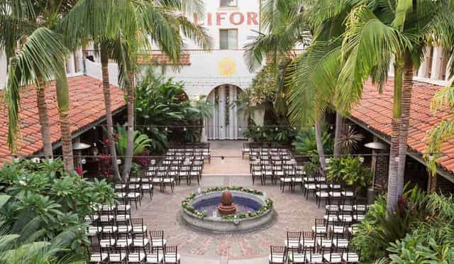 Outdoor event space at Villa Del Sol with lush greenery, ideal for weddings and gatherings.