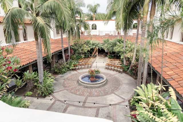 Courtyard at Villa Del Sol with fountain, ideal for weddings and corporate events.