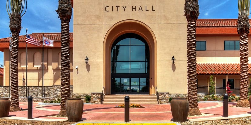 La Habra City Hall Atrium with palm trees, ideal for civic events and community meetings.