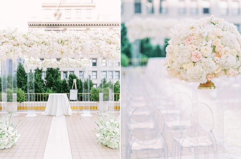 Fountain Terrace at The Westgate Hotel, elegant outdoor wedding venue with floral decor.