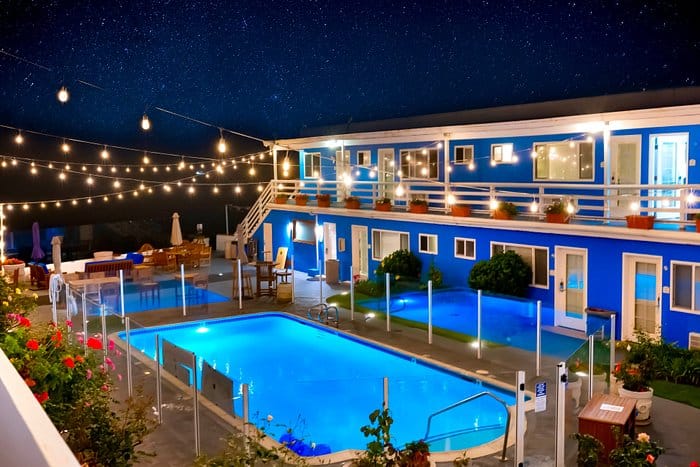 Ocean View Terrace pool venue with string lights, perfect for events and receptions.