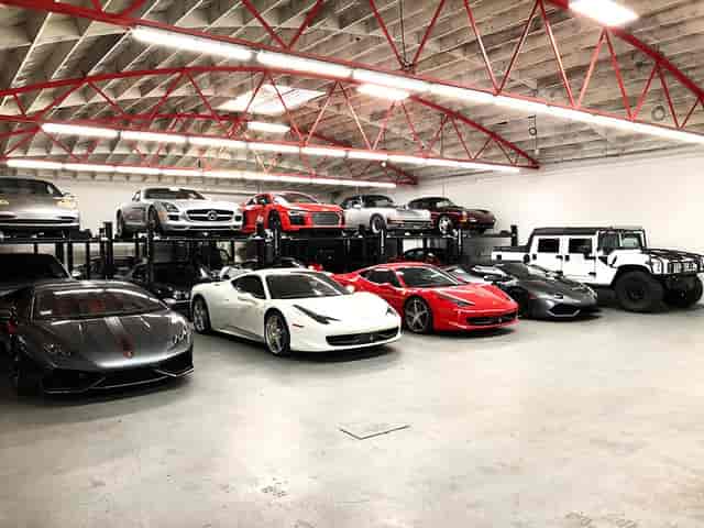 Luxury car showroom at Veloce Motors for exclusive corporate events in San Diego.