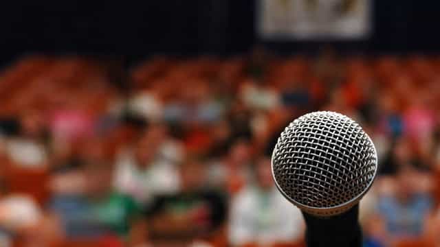 Microphone in focus at Los Gatos Toastmasters event for clear communication.