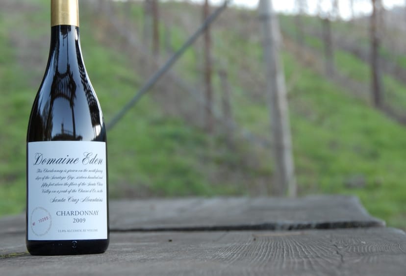 Domaine Eden Chardonnay bottle in vineyard, ideal for upscale wine tastings and events.