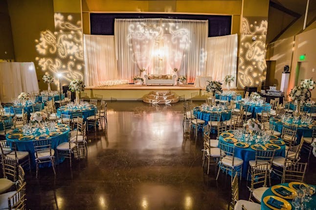 Grand Ballroom in Palo Alto Event Center with elegant tables, ideal for weddings and corporate events.