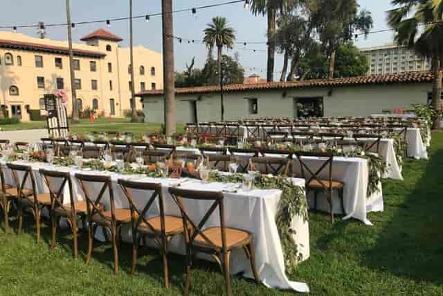 Elegant outdoor dining setup at Adobe Lodge, perfect for weddings and corporate events.