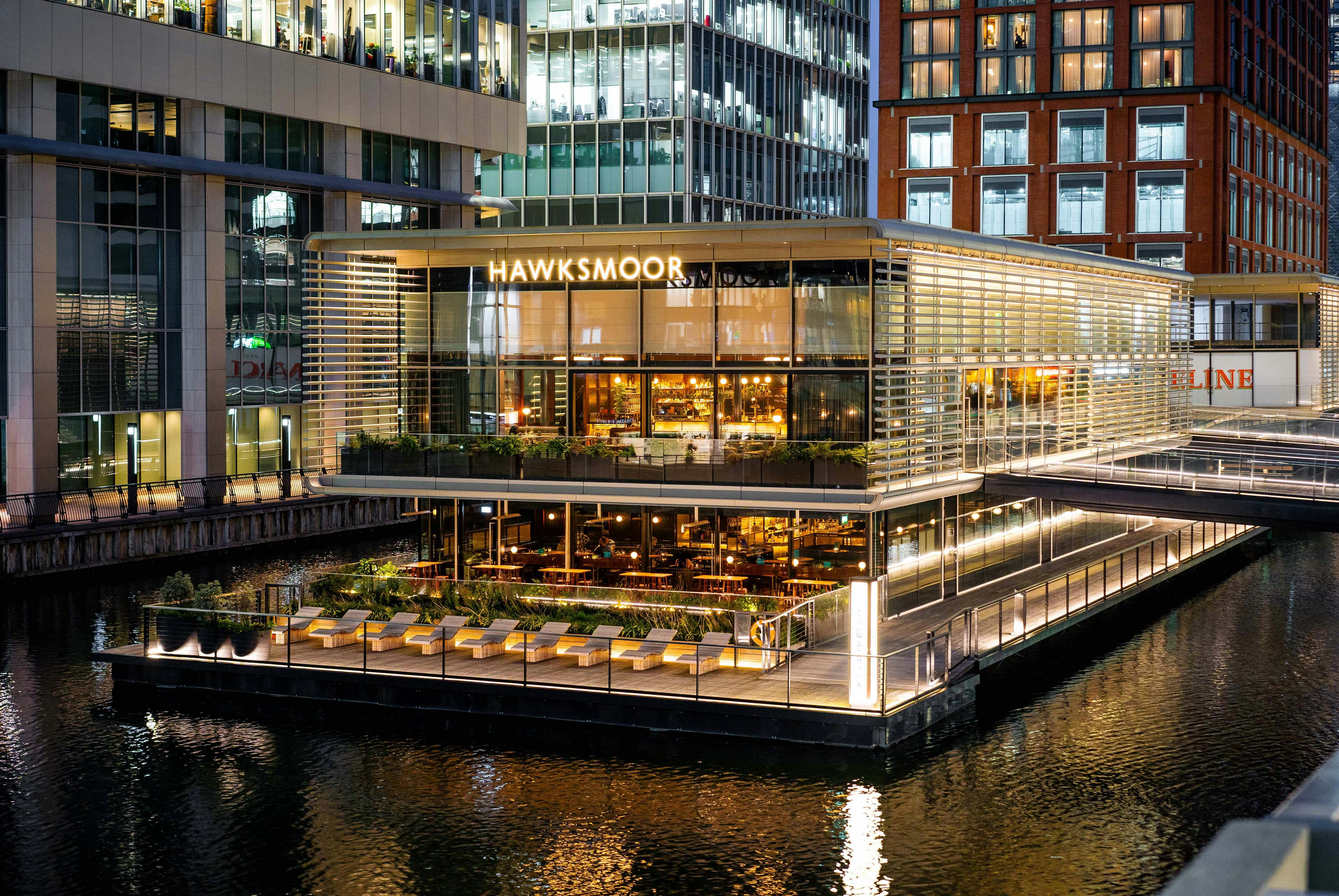 Hawksmoor Bar Wood Wharf venue with sleek architecture for upscale events by the water.