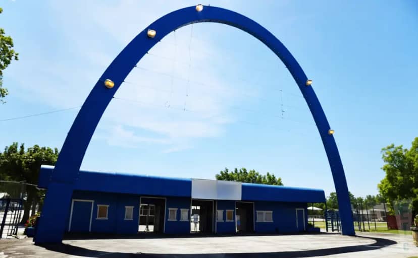 Blue arch entrance at Santa Clara County Fairgrounds for outdoor events and festivals.