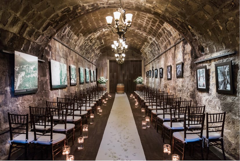 Testarossa Winery Grand Patio with arched stone ceiling, ideal for weddings and upscale events.