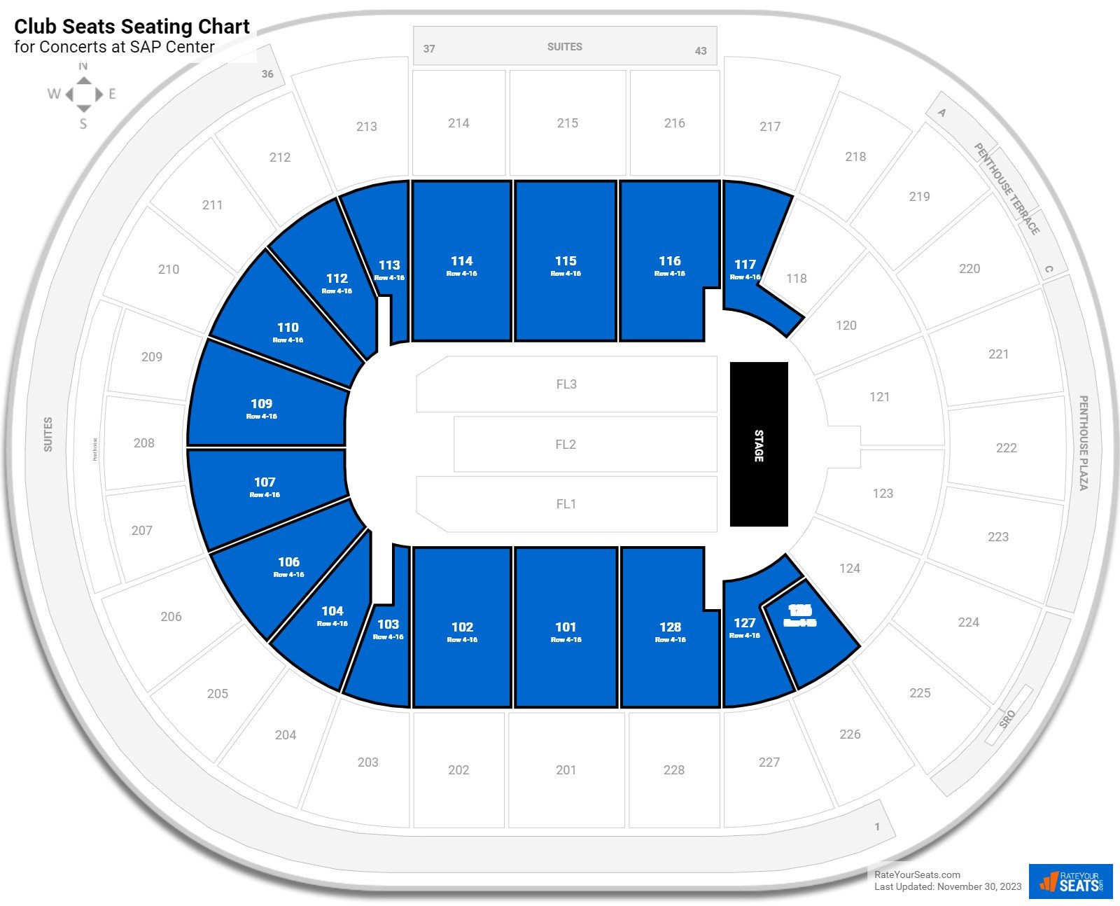 "Club Level seating chart at PETE BE CENTER for event planning and optimization."