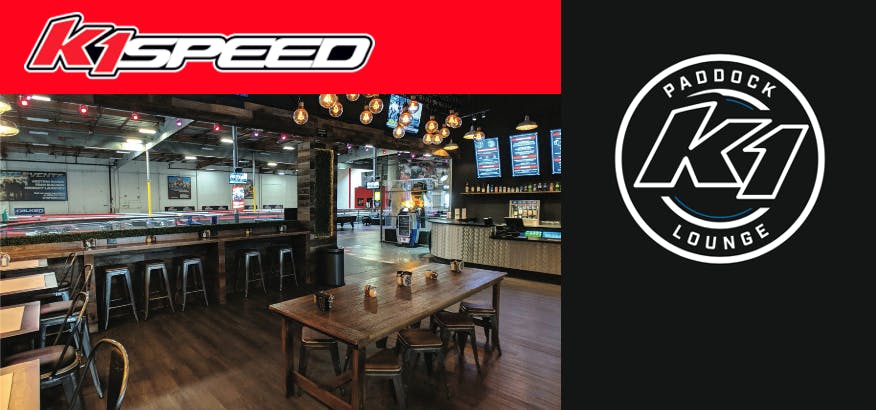 Paddock Lounge at K1 Speed San Diego, modern event space for corporate gatherings.