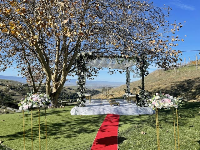 Outdoor wedding ceremony with floral arch and red carpet, ideal for memorable events.