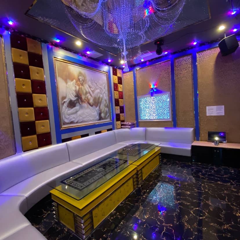 Stylish event space with plush seating for karaoke and networking gatherings.