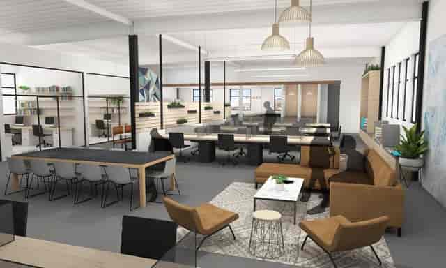 Modern conference room with communal table, ideal for workshops and team-building events.