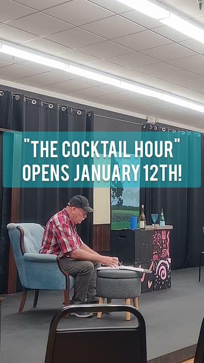 Trinity Theatre event setup for "The Cocktail Hour" with wine glasses, January 12 opening.