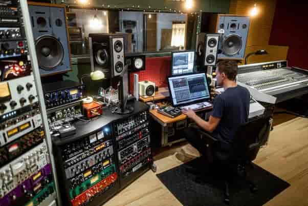 Professional recording studio with audio equipment for live events and sound production.
