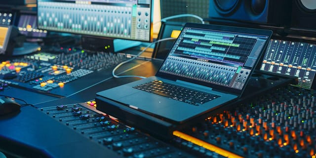 Video and audio production suite with sound mixing console for high-quality event audio.