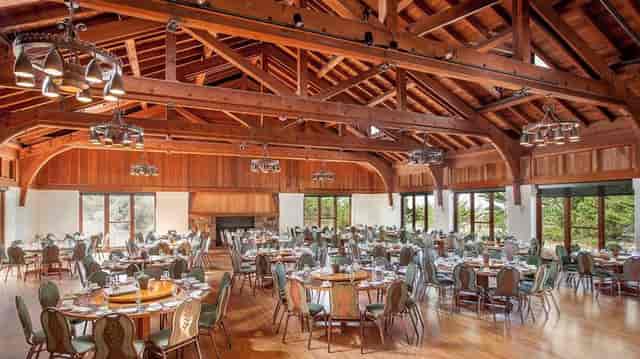 Historic Scripps Dining Room with high wooden ceilings, perfect for weddings and conferences.