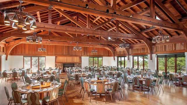 Historic Scripps Dining Room with high wooden ceilings, perfect for weddings and conferences.