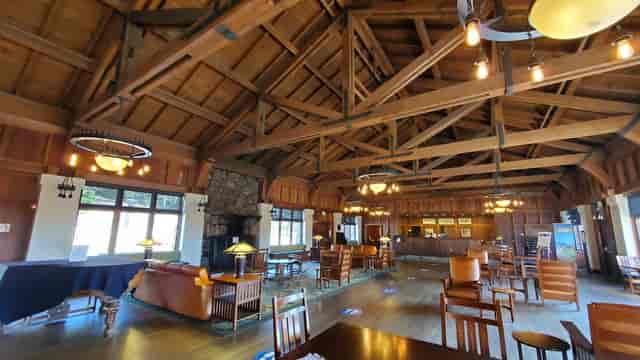 Surf & Sand Dining Room at Asilomar: rustic space with high ceilings for retreats and events.