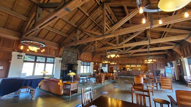 Surf & Sand Dining Room at Asilomar: rustic space with high ceilings for retreats and events.