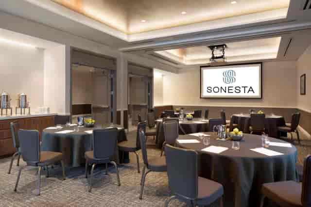 Meeting room with round tables at Embassy Suites Milpitas for professional events.