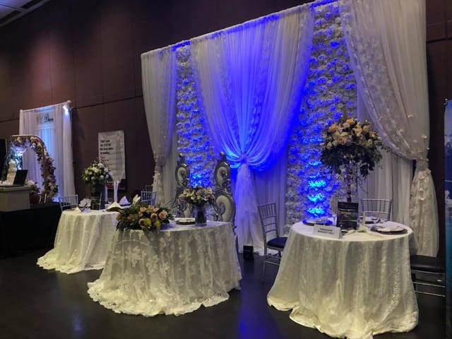 Elegant banquet hall with lace tables and floral centerpieces, perfect for weddings.