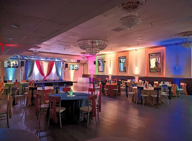 Banquet hall in My Royal Palace with elegant drapery, ideal for weddings and corporate events.