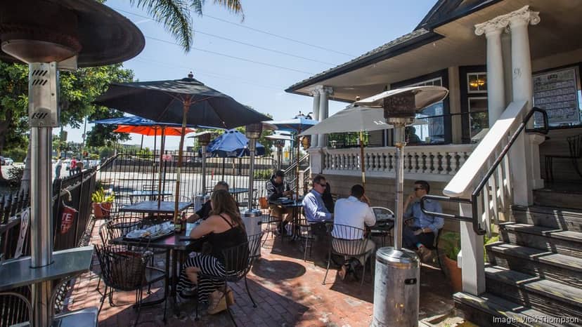 Inviting outdoor patio at Poor House Bistro, perfect for casual meetings and networking events.