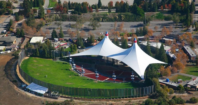 Shoreline Amphitheatre outdoor venue with tent-like structures for concerts and events.