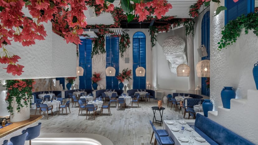 Main Dining Area at Opa! Authentic Greek, vibrant decor for events and celebrations.