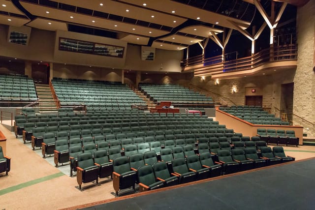 Clark Center Auditorium with tiered seating, perfect for conferences and presentations.