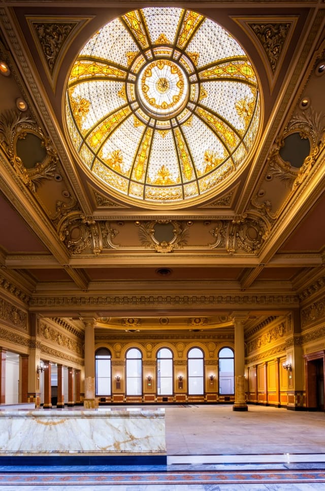 Main Hall in The Hibernia with stained glass dome, perfect for weddings and galas.