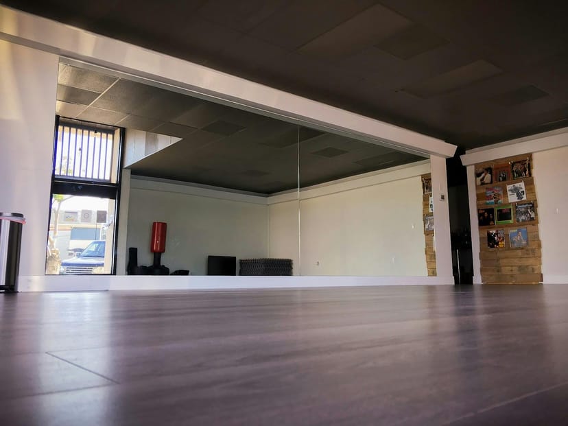 Main Room in The Get Down: spacious event space with large mirror for workshops and fitness.