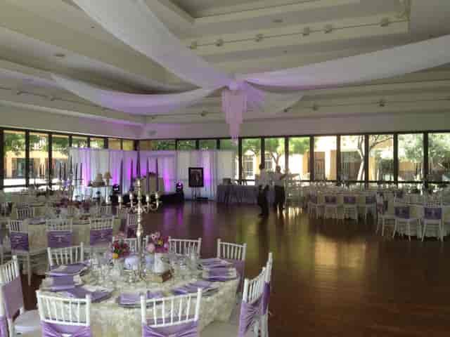 Elegant Pavilion at Mexican Heritage Plaza, ideal for weddings with romantic purple lighting.