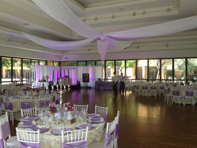 Elegant Pavilion at Mexican Heritage Plaza, ideal for weddings with romantic purple lighting.