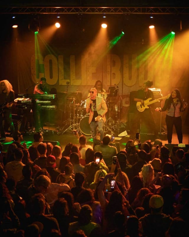 Vibrant live performance at Felton Music Hall with dynamic lighting and engaged audience.