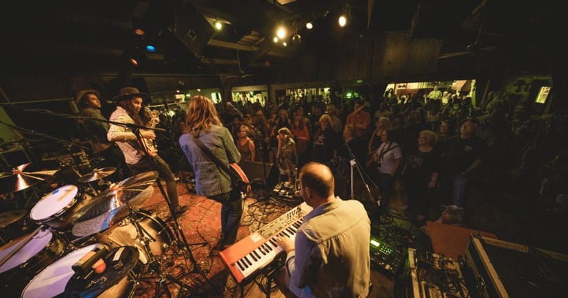 Vibrant live music event at Felton Music Hall with engaged audience and performers.