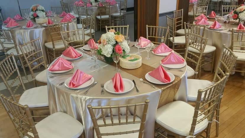 Elegant banquet table in S.E.S. Portuguese Hall, ideal for weddings and formal events.