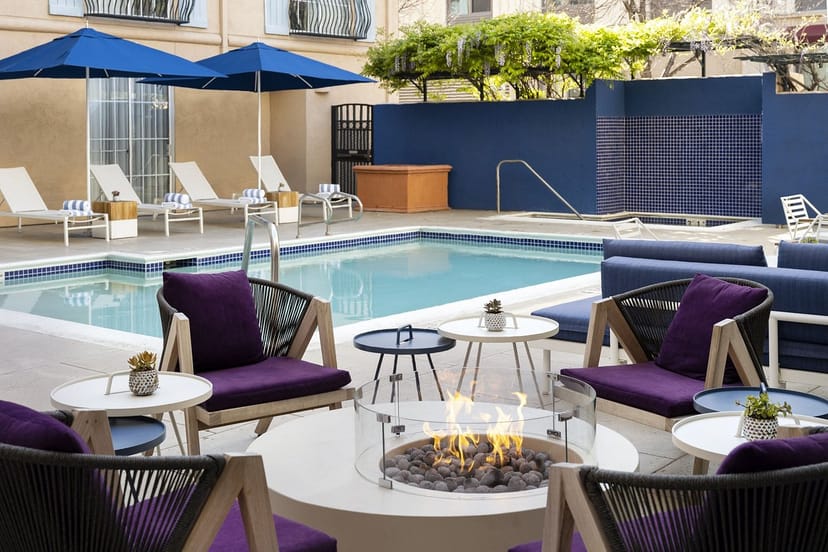 Café Soleil outdoor space with pool, ideal for networking events and casual gatherings.