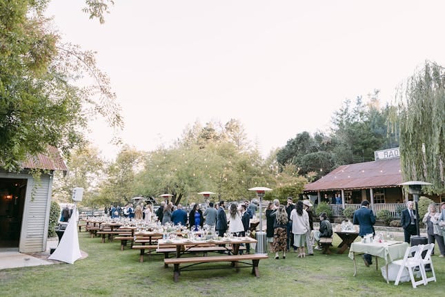 Outdoor farm tables at Radonich Ranch, perfect for weddings and corporate events.