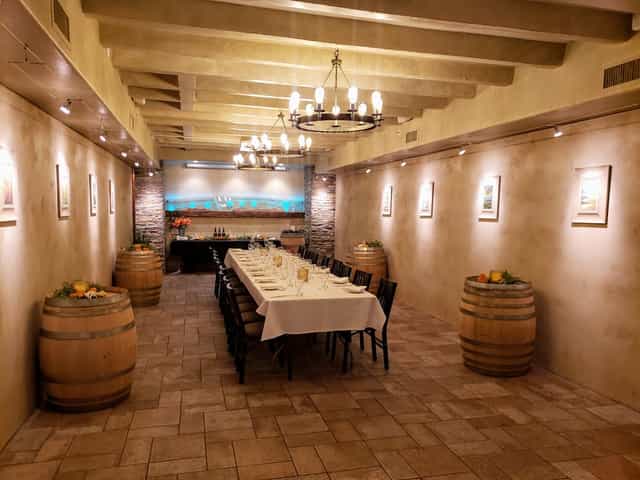Elegant dining area in Los Gatos wine cellar for corporate events and intimate gatherings.