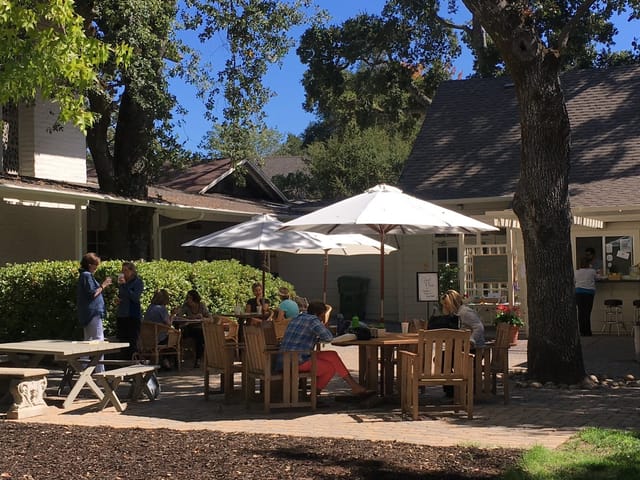 Outdoor meeting space at Woodside Village Church, ideal for casual gatherings and workshops.